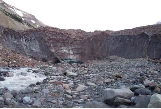 A gray colored river flowing out from a rocky glacier