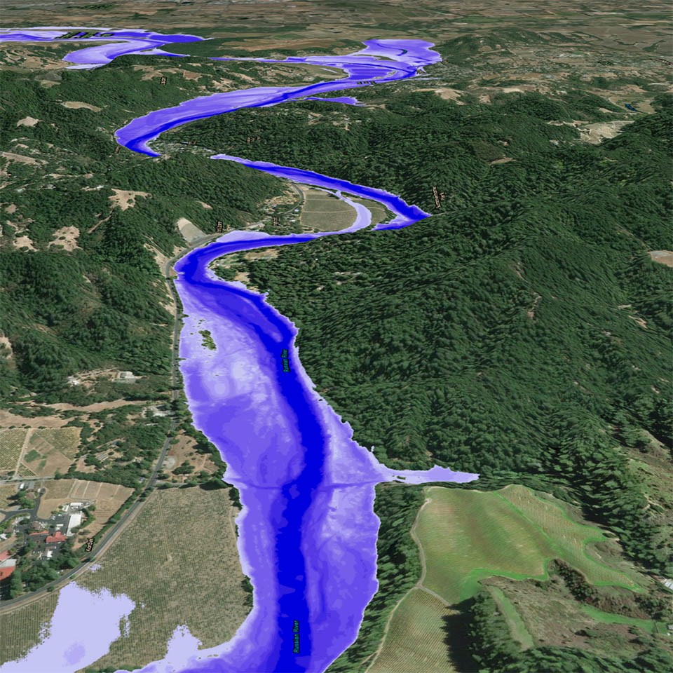 LiDAR map of a river section in Sonoma County, with flood risk areas highlighted