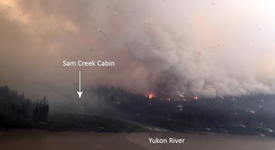 Sam Creek Cabin in the thick of the Andrew Creek Fire's smoke and near flames.