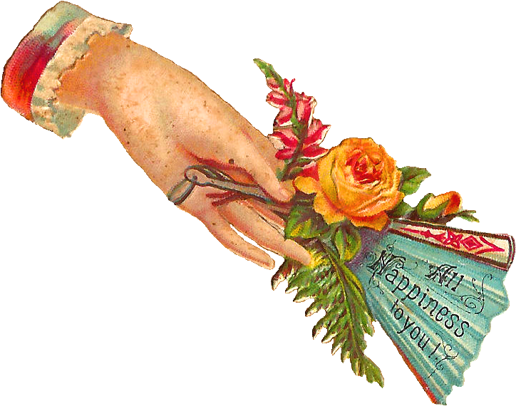 Drawing of woman's hand holding a bouquet with rose and fern an note that reads "All Happiness to You"