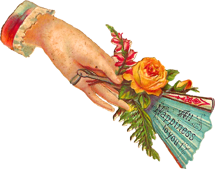 Secret Message in a bouquet Drawing of woman's hand holding a bouquet with rose and fern an note that reads "All Happiness to You"