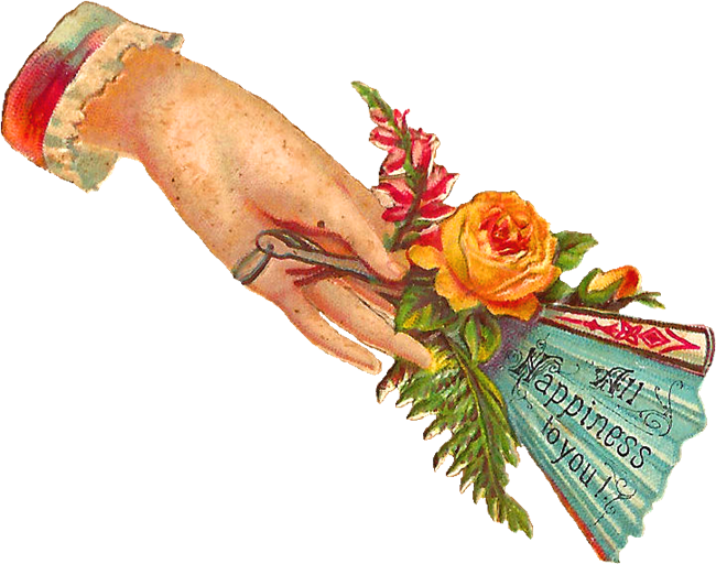 Secret Message in a bouquet Drawing of woman's hand holding a bouquet with rose and fern an note that reads "All Happiness to You"
