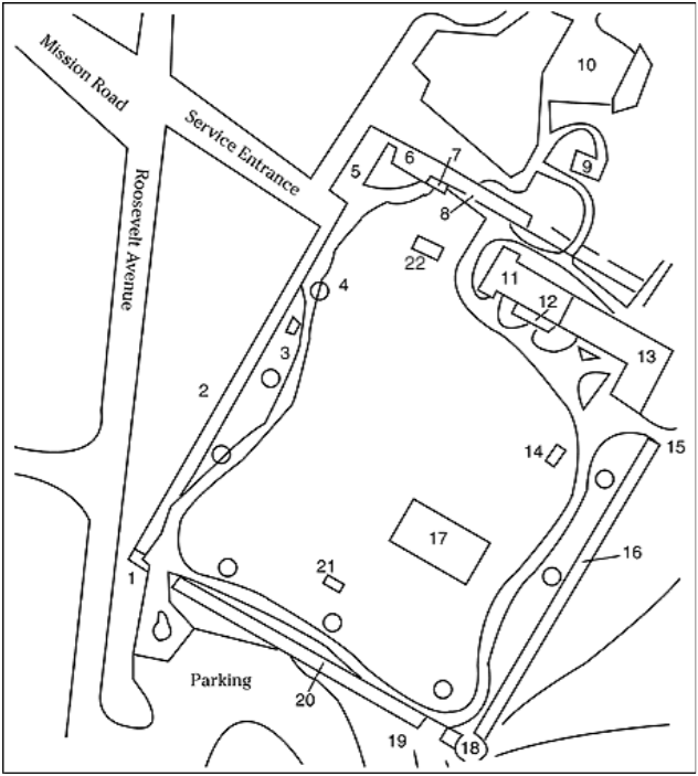 lt= Map of Mission San José with numbers 1 to 22 depicting different sites