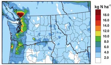 Map of the Pacific Northwest showing projections for annual Nitrogen deposition rates. The area around the Puget Sound spikes into greens and reds (higher amounts) while the rest in the blue range.