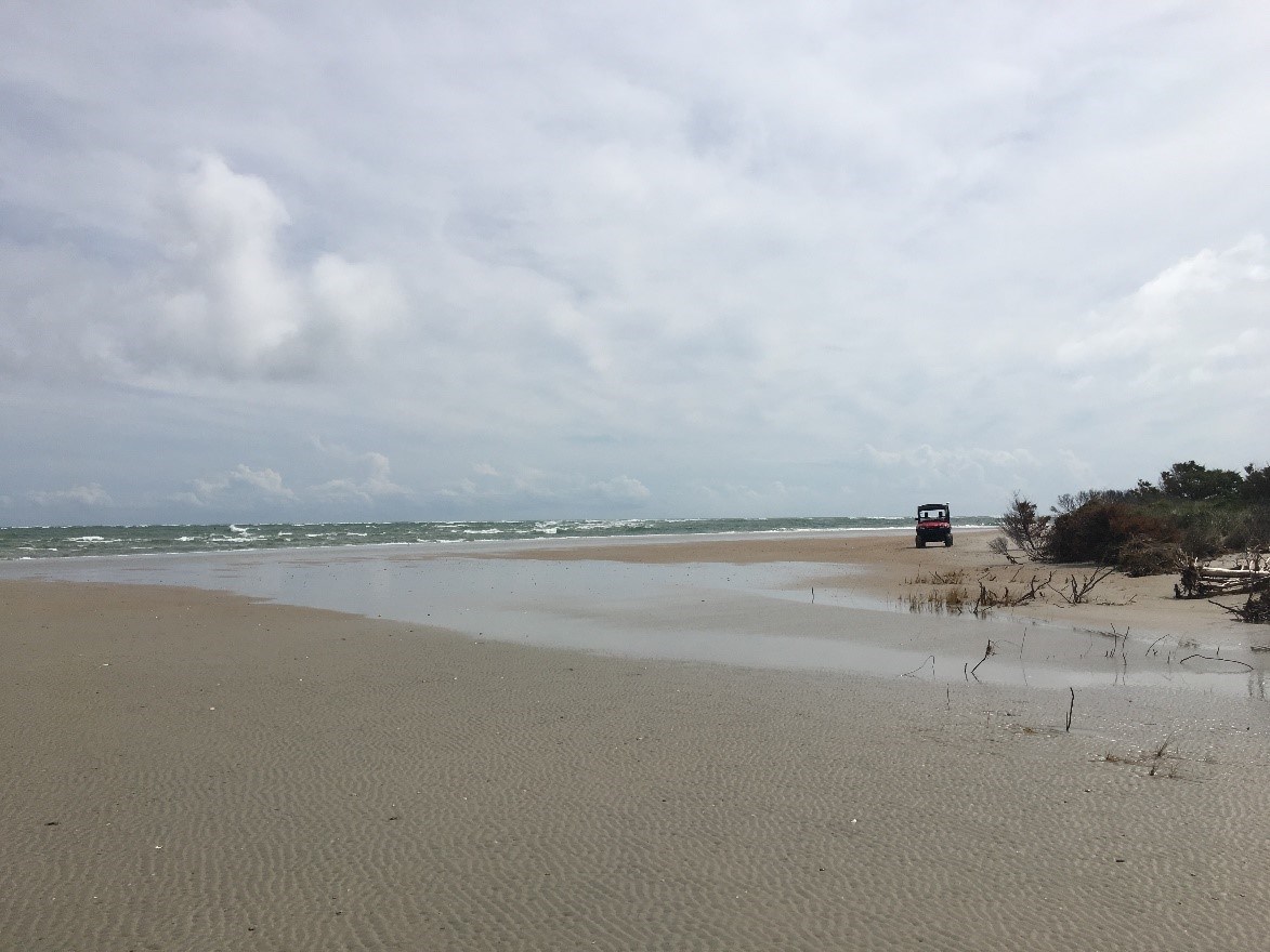 Post Dorian The beach with the ocean in the background and a UTV sitting on the right