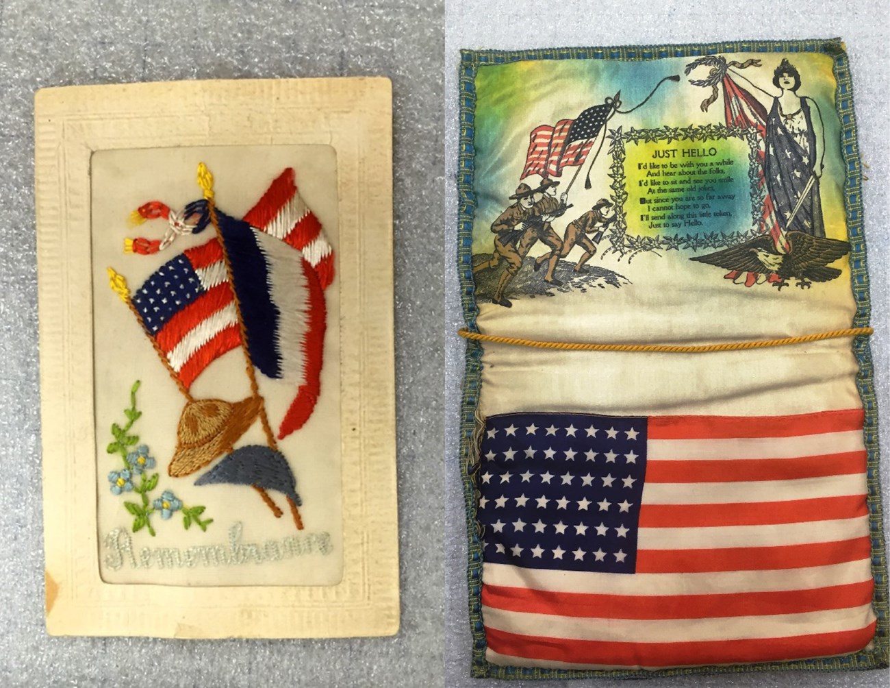 Photo of silk embroidered postcard with flags of France and United States and silk envelope with American flag and pictures of soldiers and poem