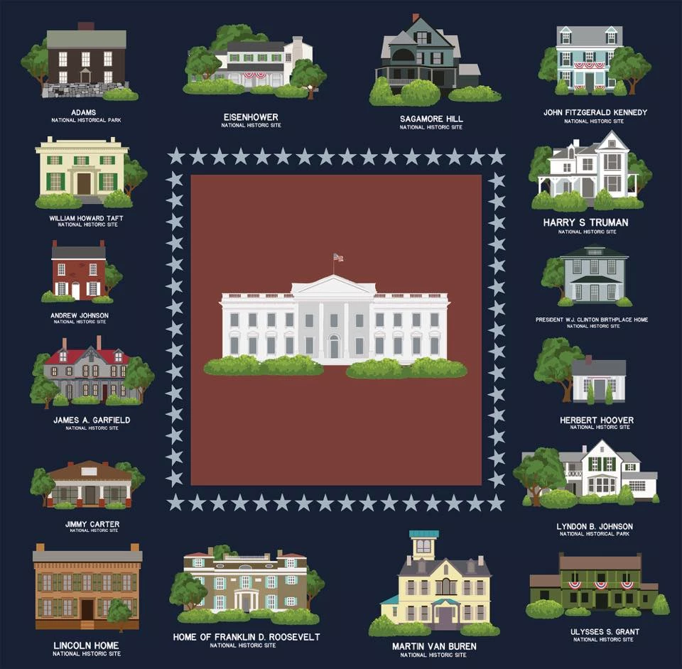 President Homes Quilt Illustrated quilt of presidents' homes