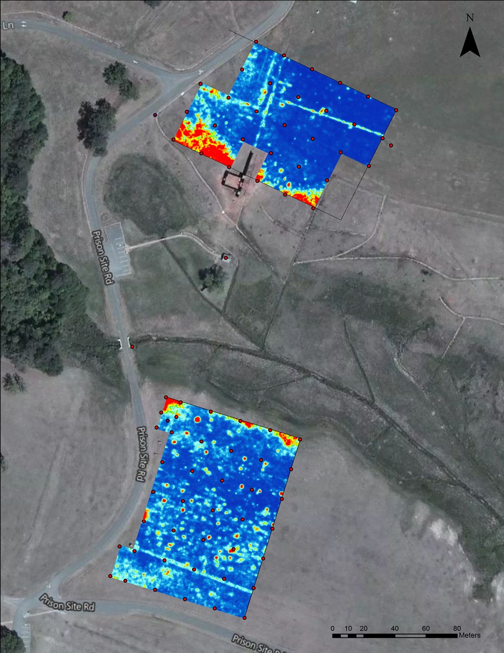 Ground penetrating radar data from the south and north slopes of the Andersonville prison enclosure surveyed by SEAC in early 2018.