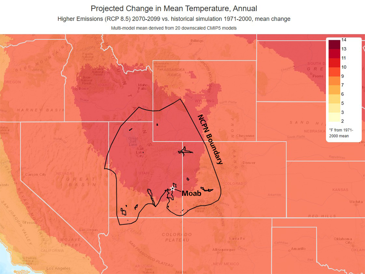 Map shaded in warm colors showing projected increases in mean annual temperature across the interior West. A black polygon outlines the NCPN boundary, with smaller park outlines inside it, and a marker indicates the location of Moab, Utah.