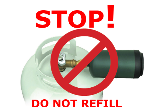 Propane tank connected to DOT-30 non-refillable cylinder with the message, "Stop! Do not refill"