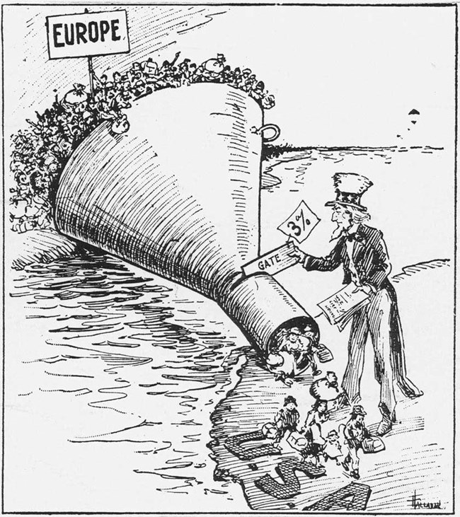 1921 political cartoon portrays America’s new immigration quotas with large funnel crossing the ocean to the U.S.A.