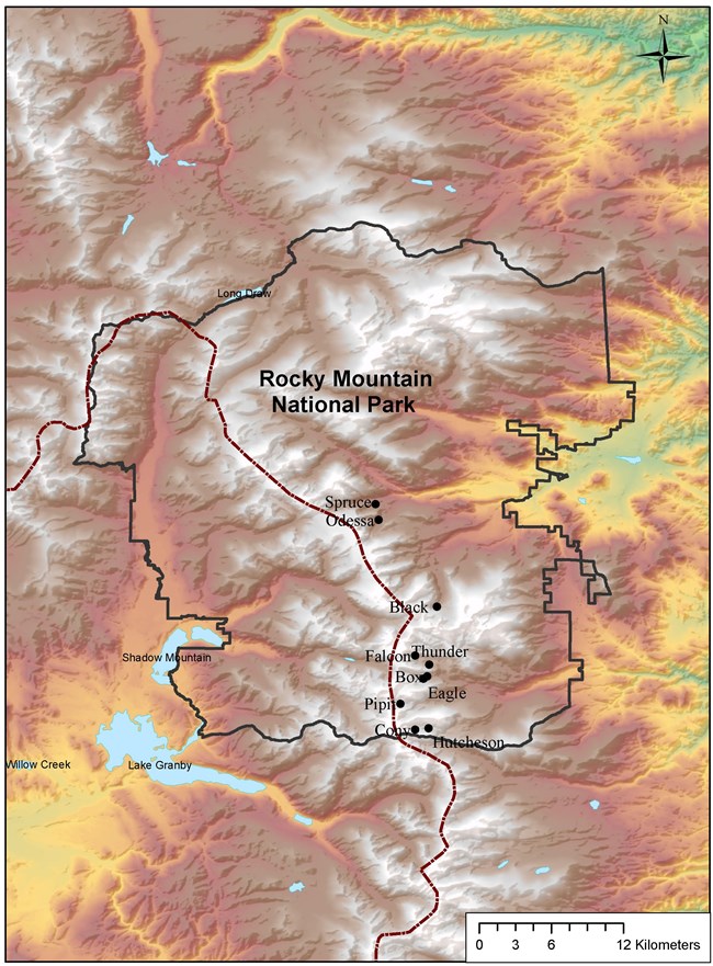 RMNP Basemap showing sampled lakes Map of RMNP, paired lakes marked
