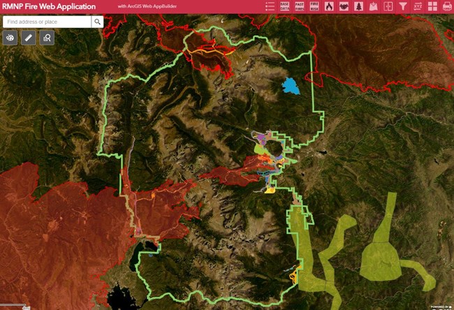 RMNP Fire Web Application Preview that shows the RMNP boundary, East Troublesome Fire perimeter, and colored polygons representing fuels treatments in RMNP and outside the park as part of the St. Vrain Forest Health Partnership.