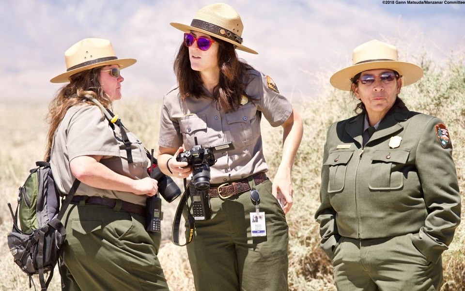 Rangers from Manzanar Chief of Interpretation Alisa Lynch (left), Park Ranger (she’s in charge of oral histories) Rose Masters, and Superintendent Gann MatsudaManzanar Committee Three park rangers at Manzanar NHS
