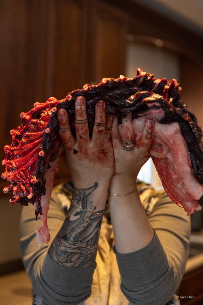 A person holding up seal ribs