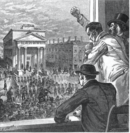 Rendition of Anthony Burns -Andrews Men sitting and standing staring outside the window watching people marching down the streets in front of the court house.