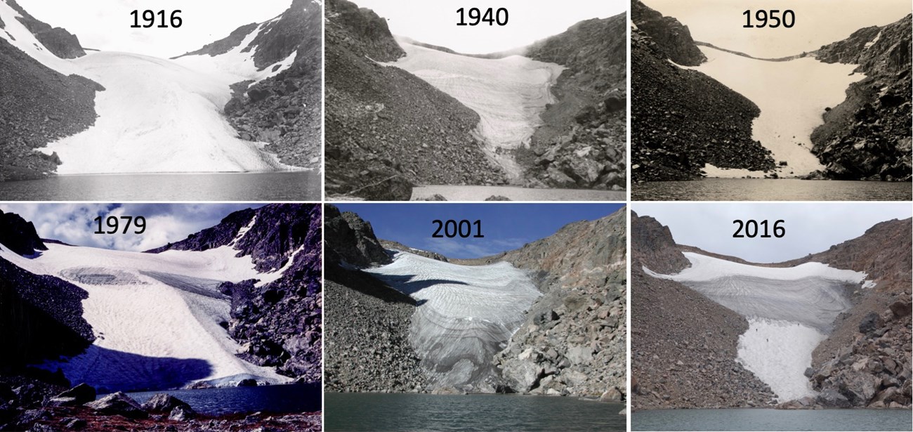 A timeseries of photos of Andrews Glacier from 1916 - 2016. The size and extent of the glacier varies across years.