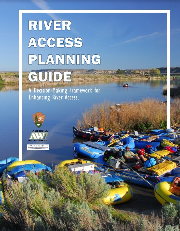 Cover image shows colorful river rafts lined up along an expansive southwestern river shoreline, with the title "River Access Planning Guide: A decision-making framework for enhancing river access."