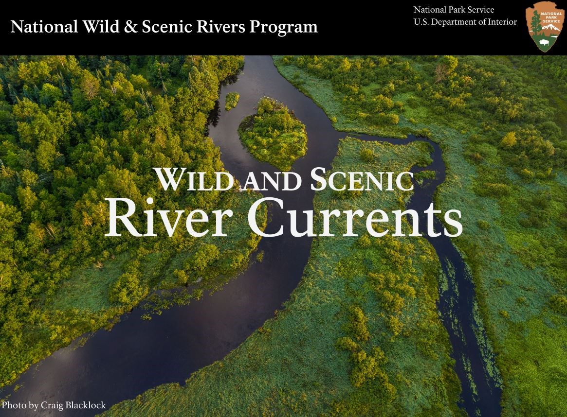 Wild and Scenic River Currents cover page. An aerial photo of the braided Saint Croix River and lush green vegetation. Photo by Craig Blacklock.