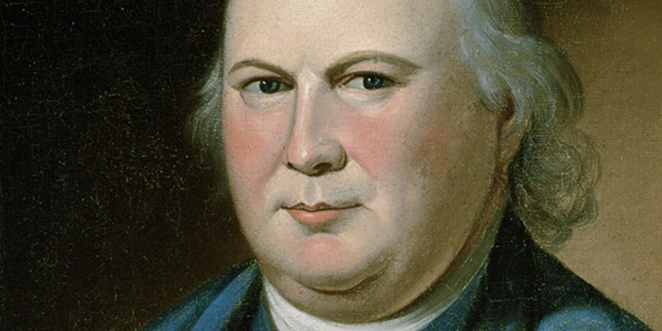Detail, color portrait of Robert Morris showing just his face.