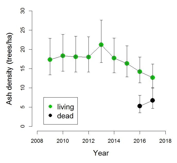 Graph showing average ash tree density (both alive and dead) in DC area parks from 2009-2017.