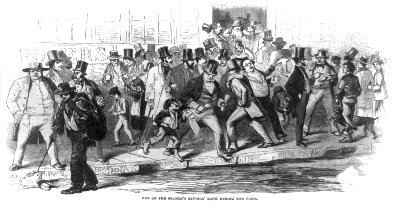 Run on the Seaman's Savings Bank During the Panic - LOC Drawing of panicked men at a bank during a financial crisis. Text reads "Run on the Seaman's Savings' Bank During the Panic."