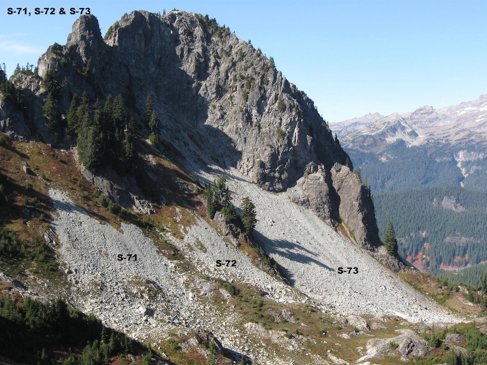A rock outcrop above a talus slope with three patches of open rocky terrain labeled left to right S-71, S-72, S-73.