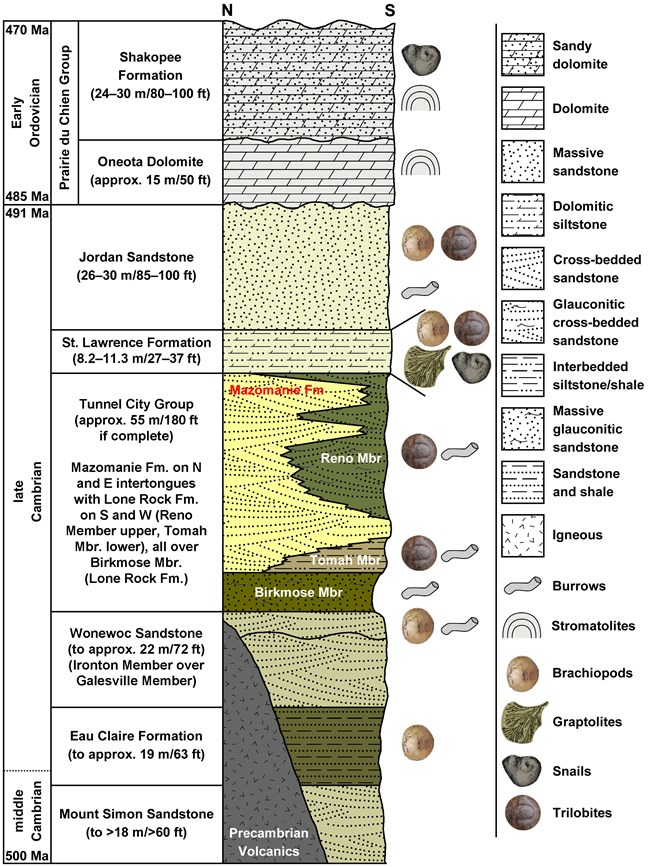 a diagram of about 9 vertical layers dividing ages of rock layers. Photos of worm and snail-like fossils are to the right of the layers. Each layer of rock is colored differently and oldest is on the bottom.