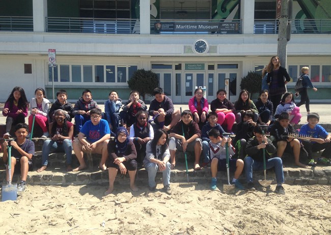 Francisco Middle School Students, Aquatic Park Shark Stewards, group photograph.