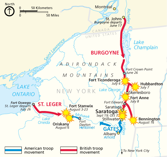 Red and blue lines on a white map of New York State detail movements of military forces.