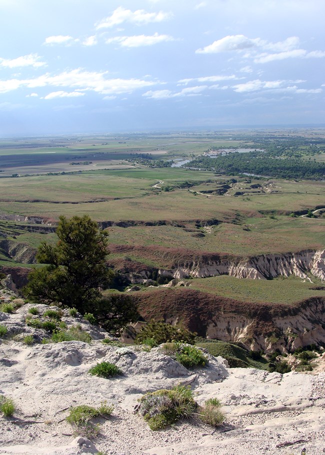 Looking down from a bluff at the prairie covered valley with deep draws and the river in the distance