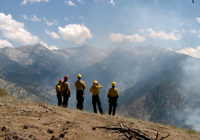 Fire monitors observe fire activity on the Comb Complex wildfire, Sequoia and Kings Canyon National Parks, July 2005 fire monitors observe Comb Complex from Lookout Peak