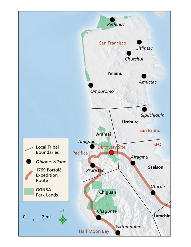 Map of Ohlone villages and tribes on the San Francisco Peninsula and the Portolá Expedition route.
