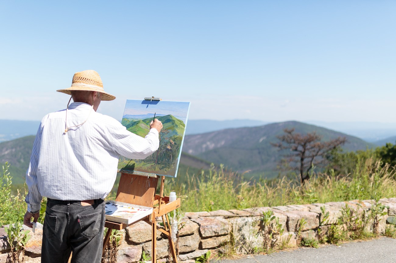 Artist painting a valley