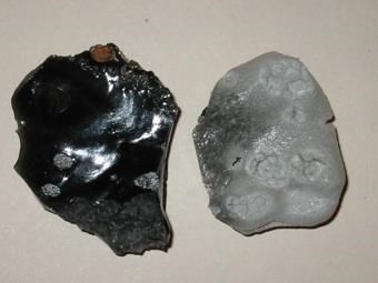 Figure 3. Left, unburned obsidian artifact, right, burned.