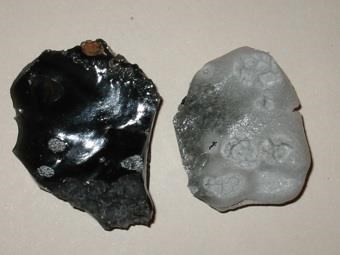 NPS Photo - A. Steffen. Figure 3. Left, unburned obsidian artifact, right, burned.