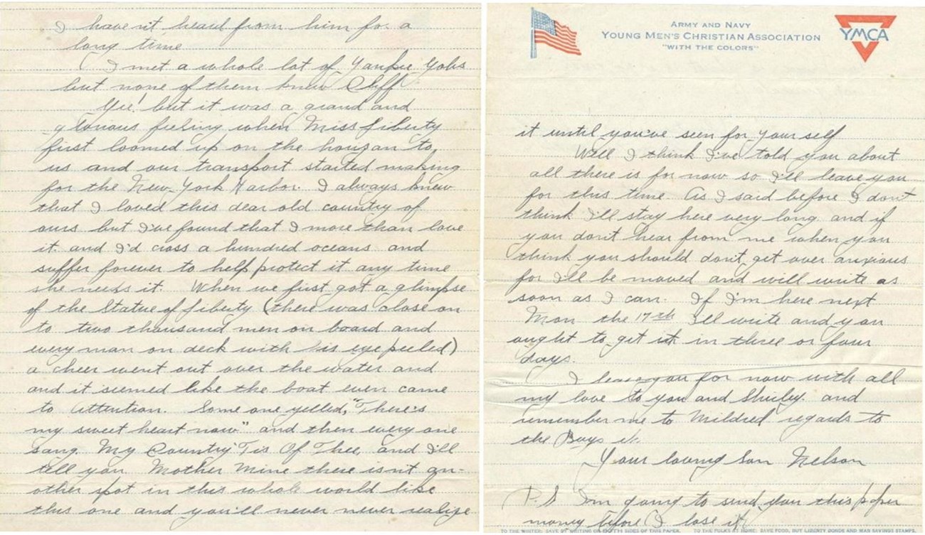 Hand-written letter on two sheets of yellowing paper with YMCA letterhead