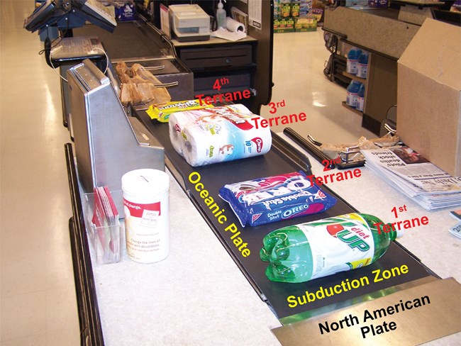 grocery store conveyor belt with several products laid out