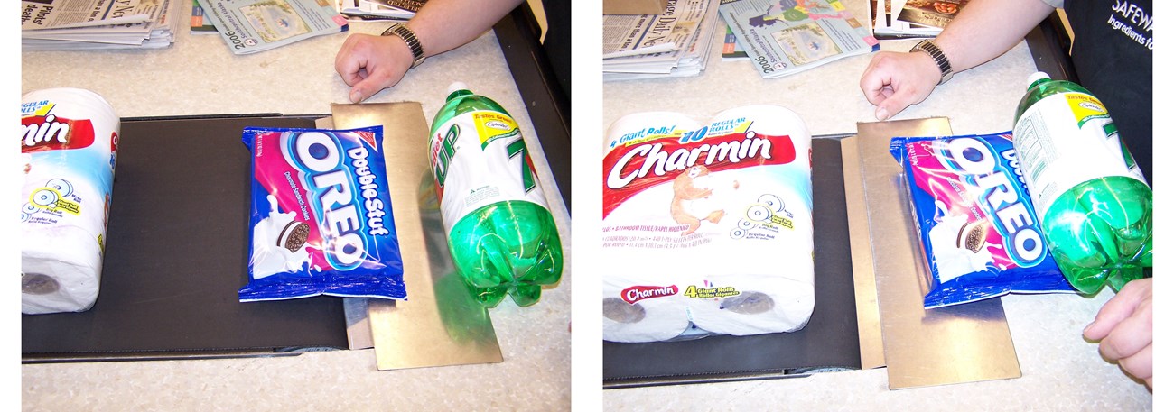 2 photos of groceries moving down the conveyor belt at a check-out stand