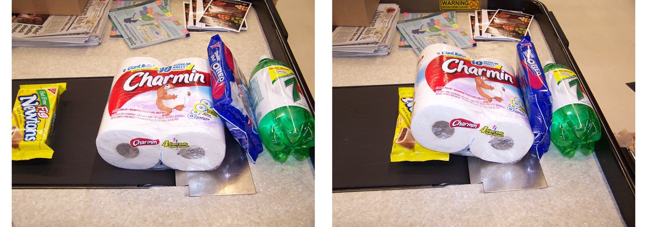 2 photos of groceries piling up at the end of the conveyor belt at a check-out stand