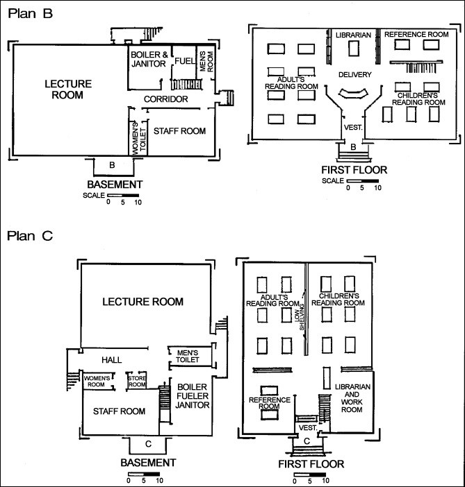 Diagrams of two building plans for Carnegie libraries, Plan B and Plan C