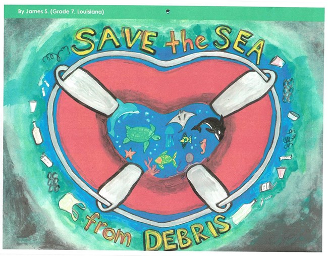 Artwork depciting heart-shaped lifesaver with Save the Sea form Debris logo