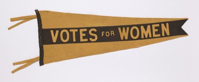 yellow and black triangular pennant with text "VOTES FOR WOMEN"