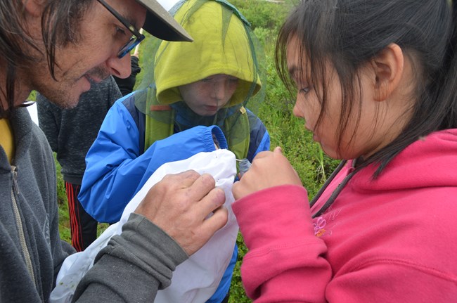 kids and an adult inspect something up close