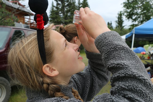 young girl looks up at a small transparent specimen box