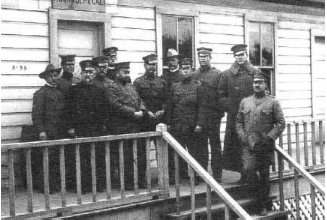 Frederick Funston (third from left) and staff at the Presidio in the aftermath of the 1906 San Francisco earthquake. National Archive and Records Center, General Greely Album