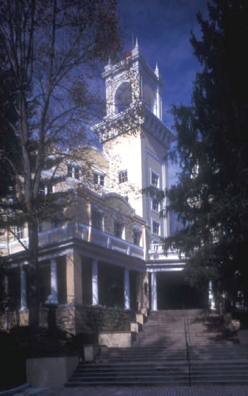 West Baden Hotel Tall white tower connected to a building.