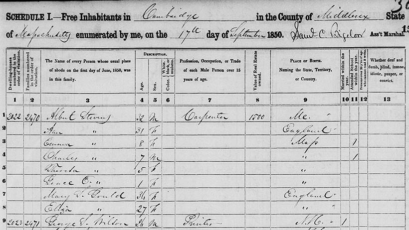 1850 census for Cambridge, MA, handwritten in cursive