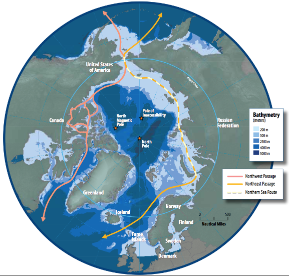 Map of the Arctic Ocean, delineating the Northwest Passage and Northern Shipping Route.
