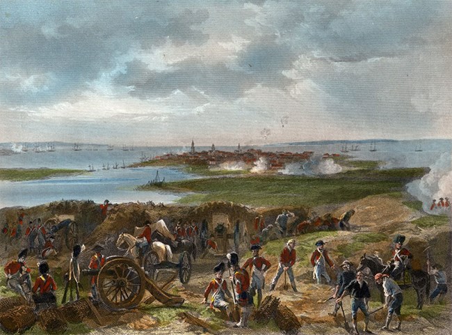 Color portrait of British forces digging siege lines with besieged Charleston and Royal Navy ships in background